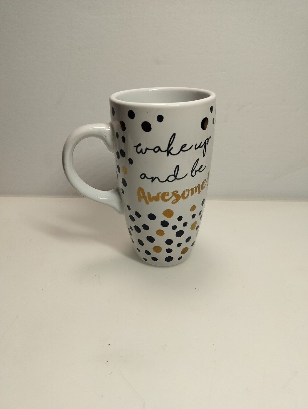 White Ceramic Mug with Gold and Black Dot Accent - 'Wake Up and Be Awesome'